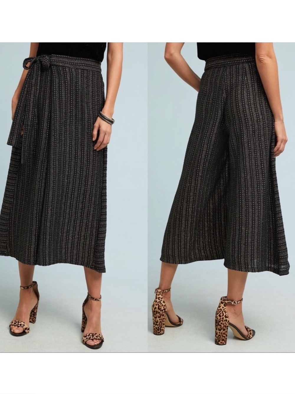 NWT Eva Franco Anthropologie Extreme Wide Leg Striped Pants Black Gold Twist Lg